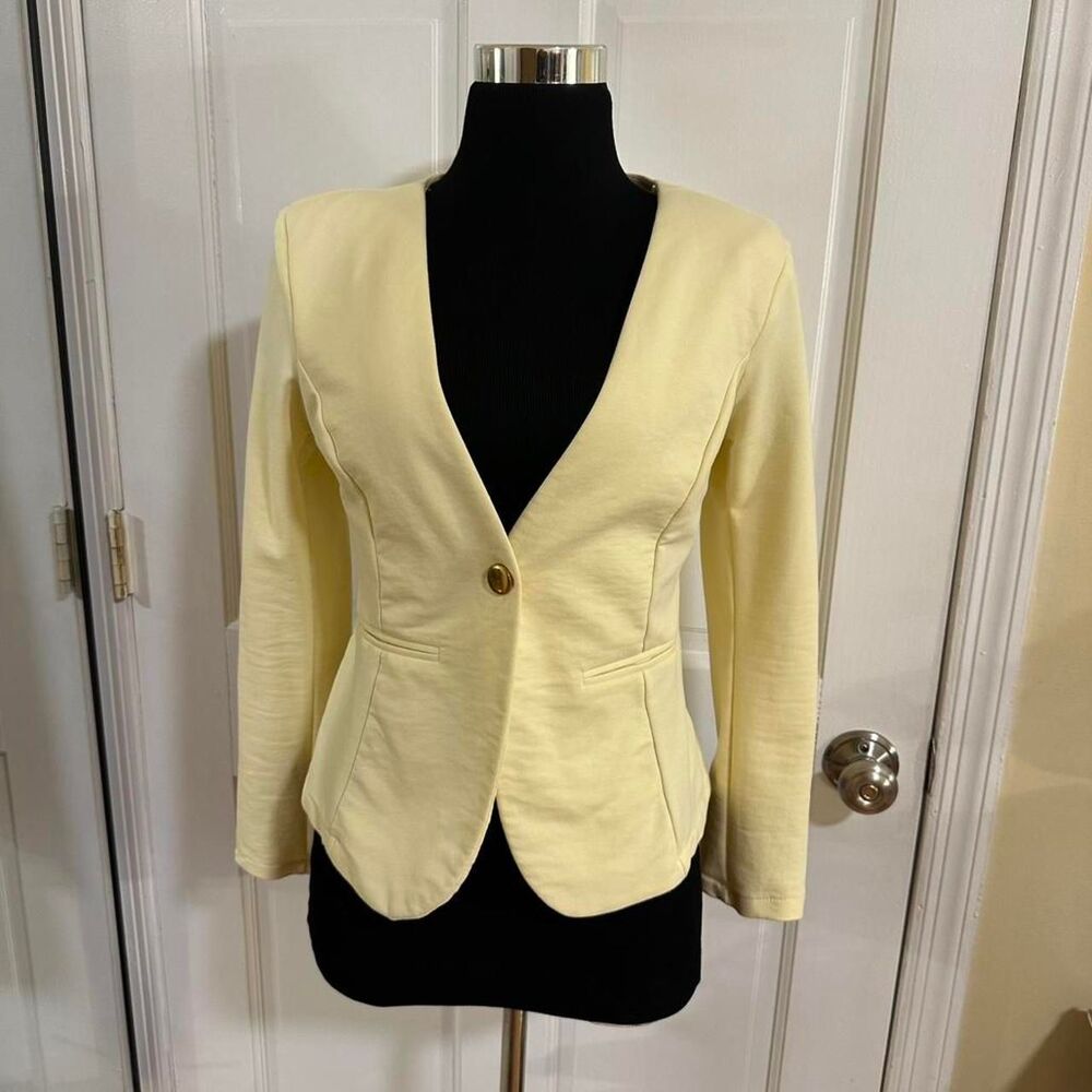 ACARE Women L Yellow Blazer Gold Buttons Lace Lined Fitted Jacket cotton